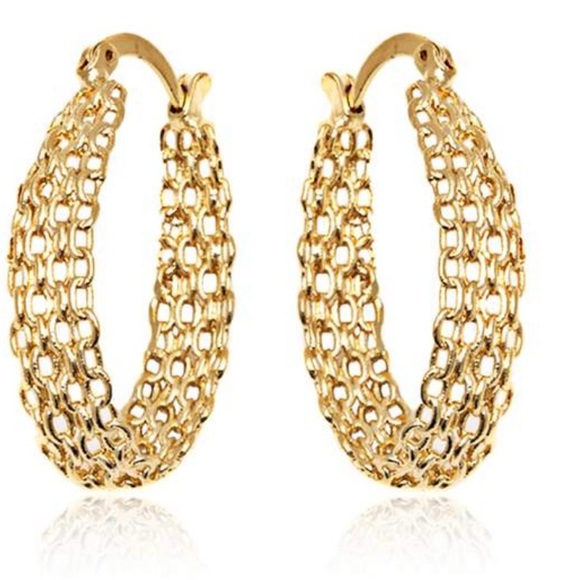 None Jewelry - Gold Plated, Gold Layered Link Hoop
Earrings, Chic Gold Mesh Hoop Earrings, NEW
